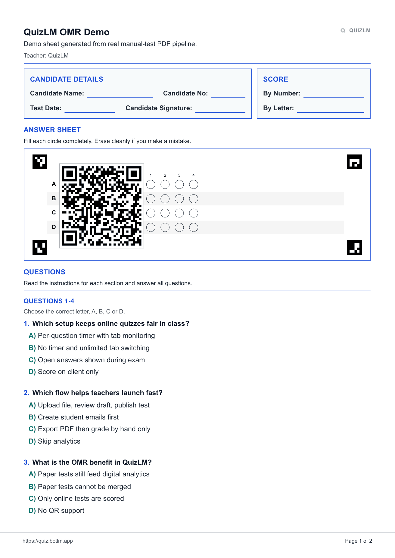 OMR demo sheet first page