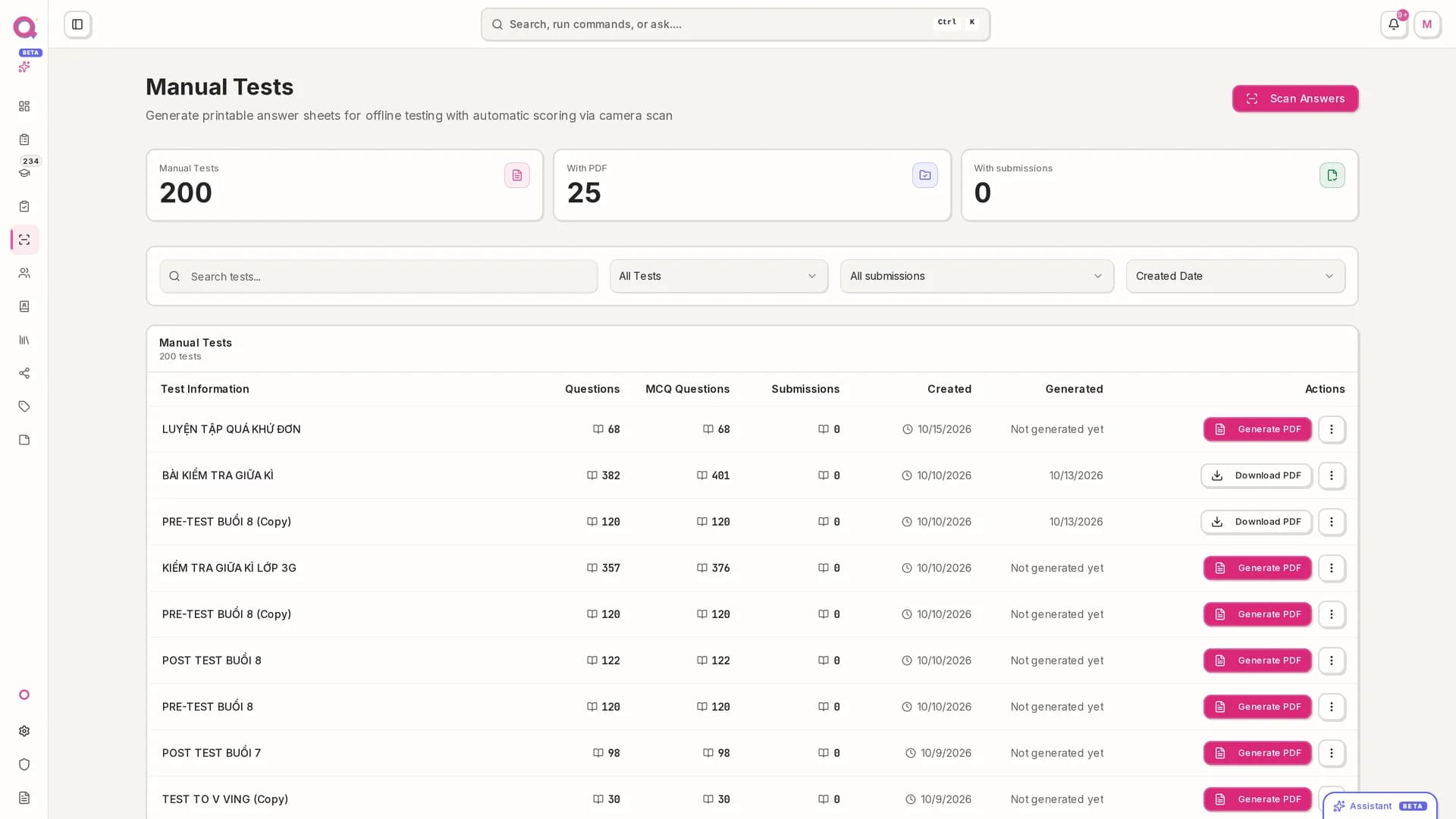 Product screenshot of the manual tests list with per-test submission counts